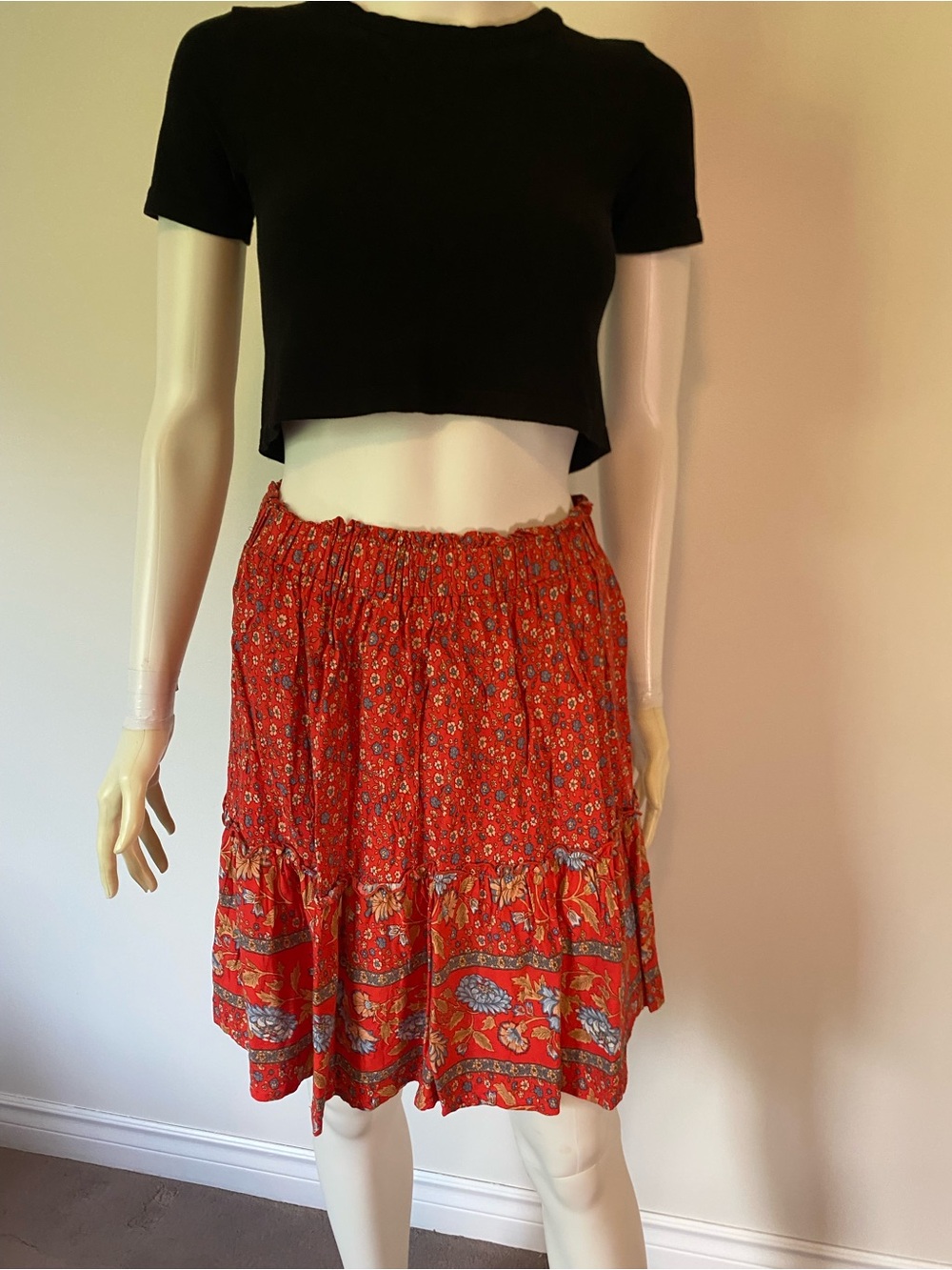 Red Floral Tiered Midi Skirt with Elastic Waist